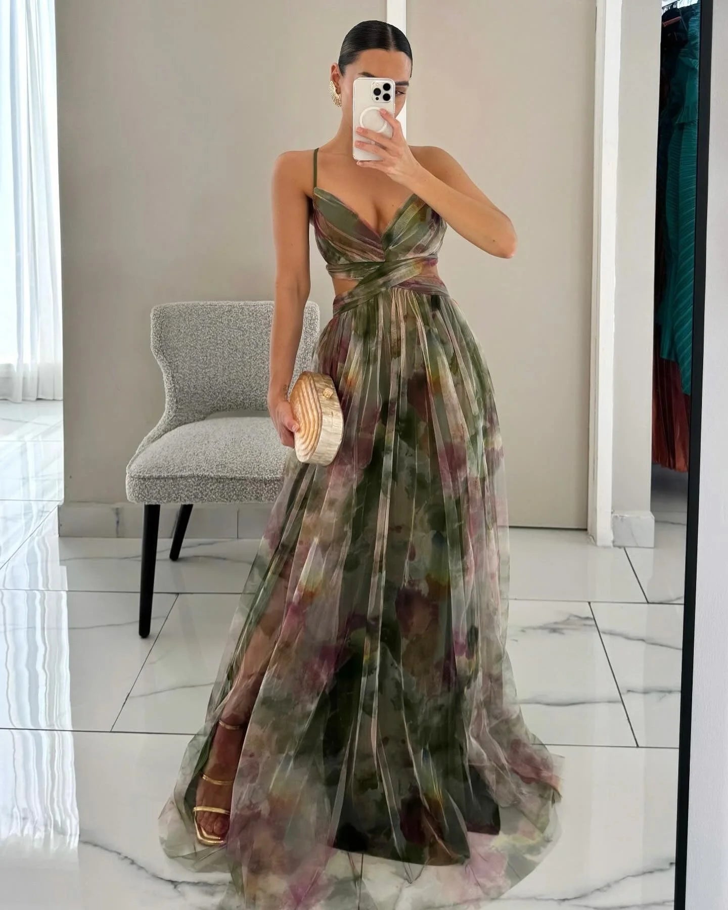 Women's Flowy Mesh Print Dress - HalleBeauty